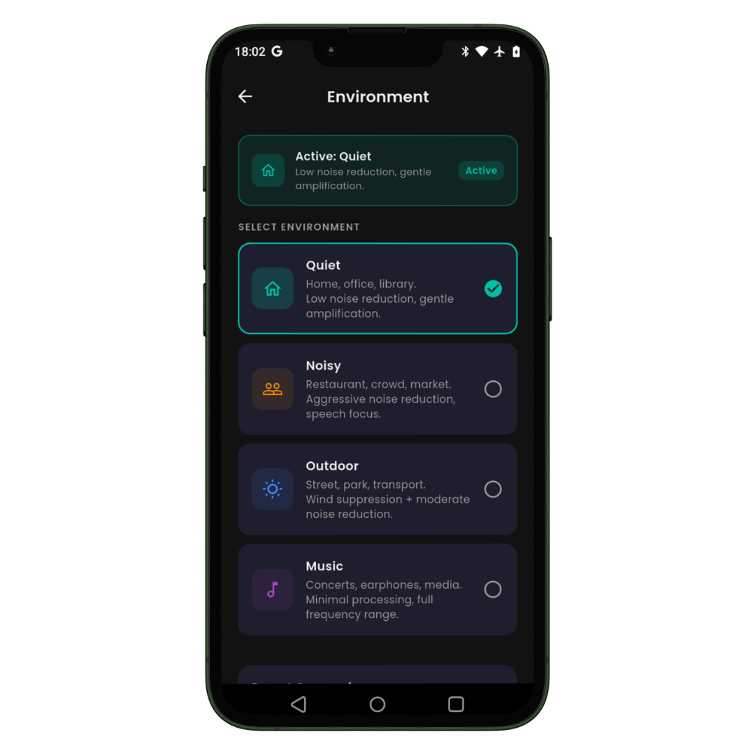 Environment Mode — adaptive audio profiles for Quiet, Noisy, Outdoor, and Music settings