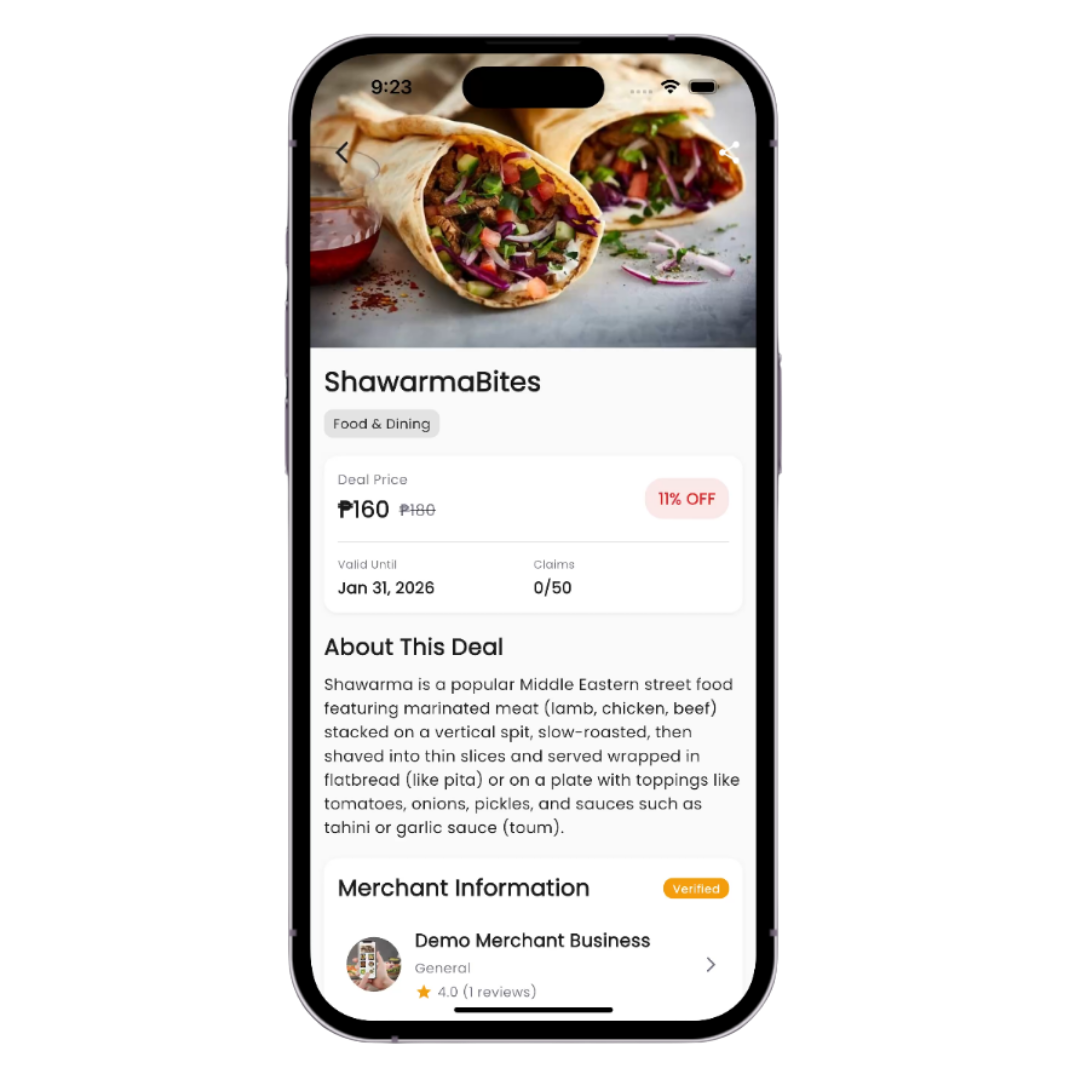 Deal Details — price breakdown, discount percentage, claim counter, validity date, and verified merchant profile