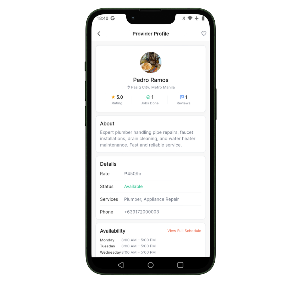 Provider Profile — ratings, jobs done, service details, hourly rate, availability schedule, and contact info