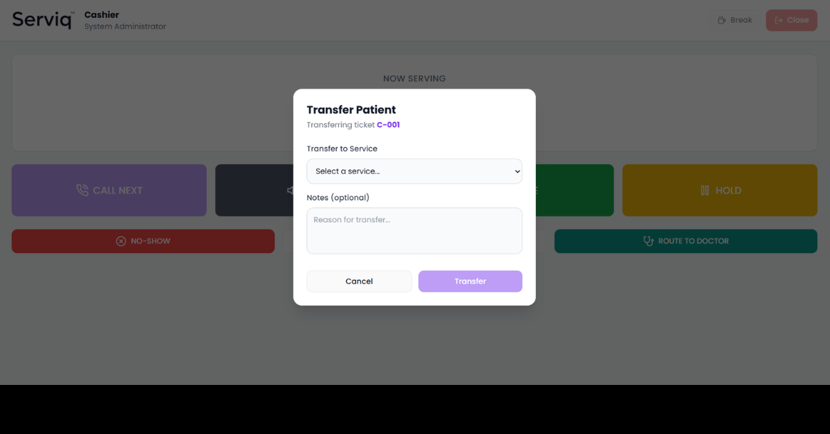 Staff Terminal — cashier view with Call Next, Hold, No-Show actions and Transfer Patient modal for routing ticket C-001 to another service